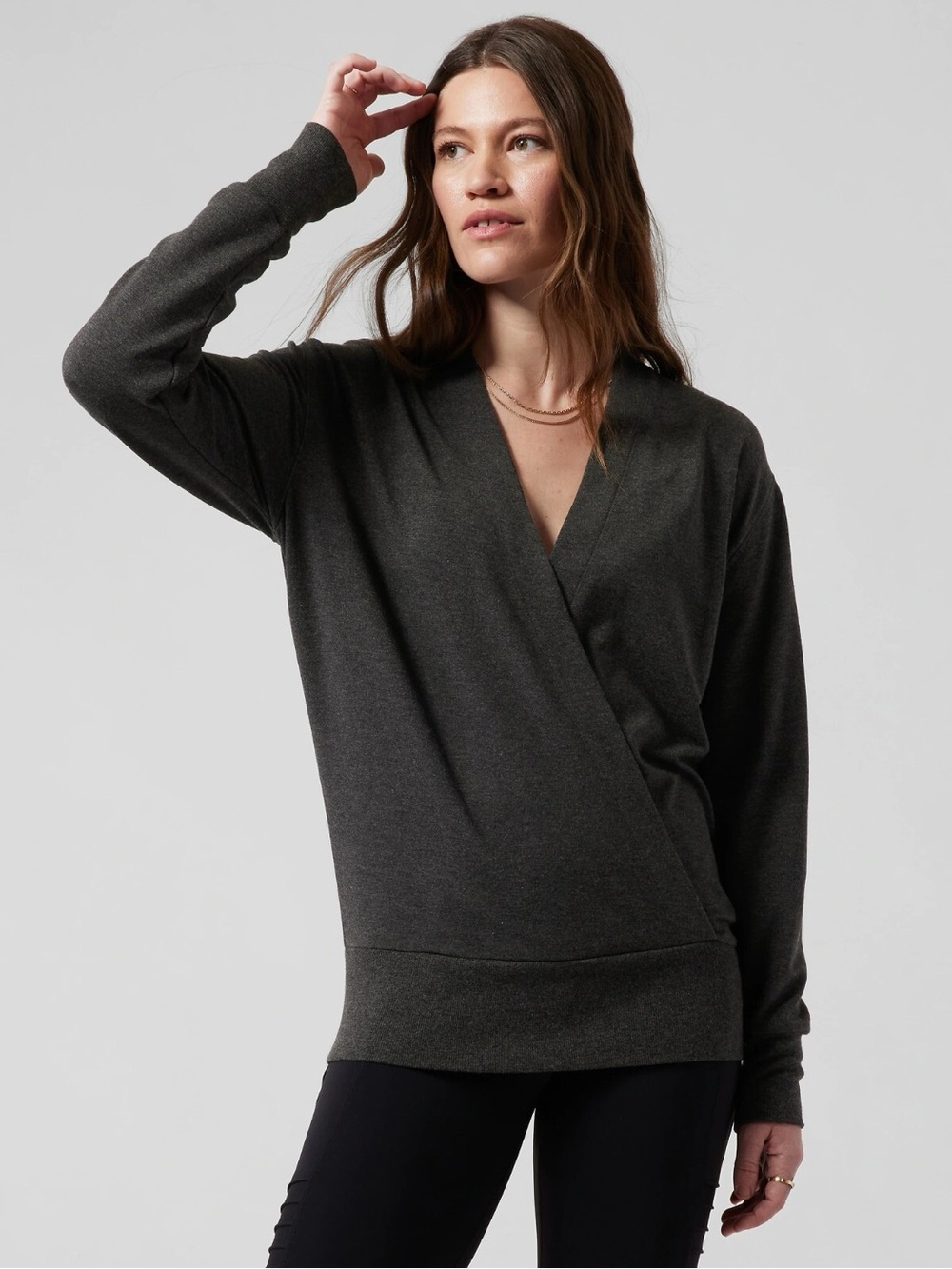 Athleta Purana V-Neck Wrap Sweatshirt Women’s Size XS Surplice Front Charcoal